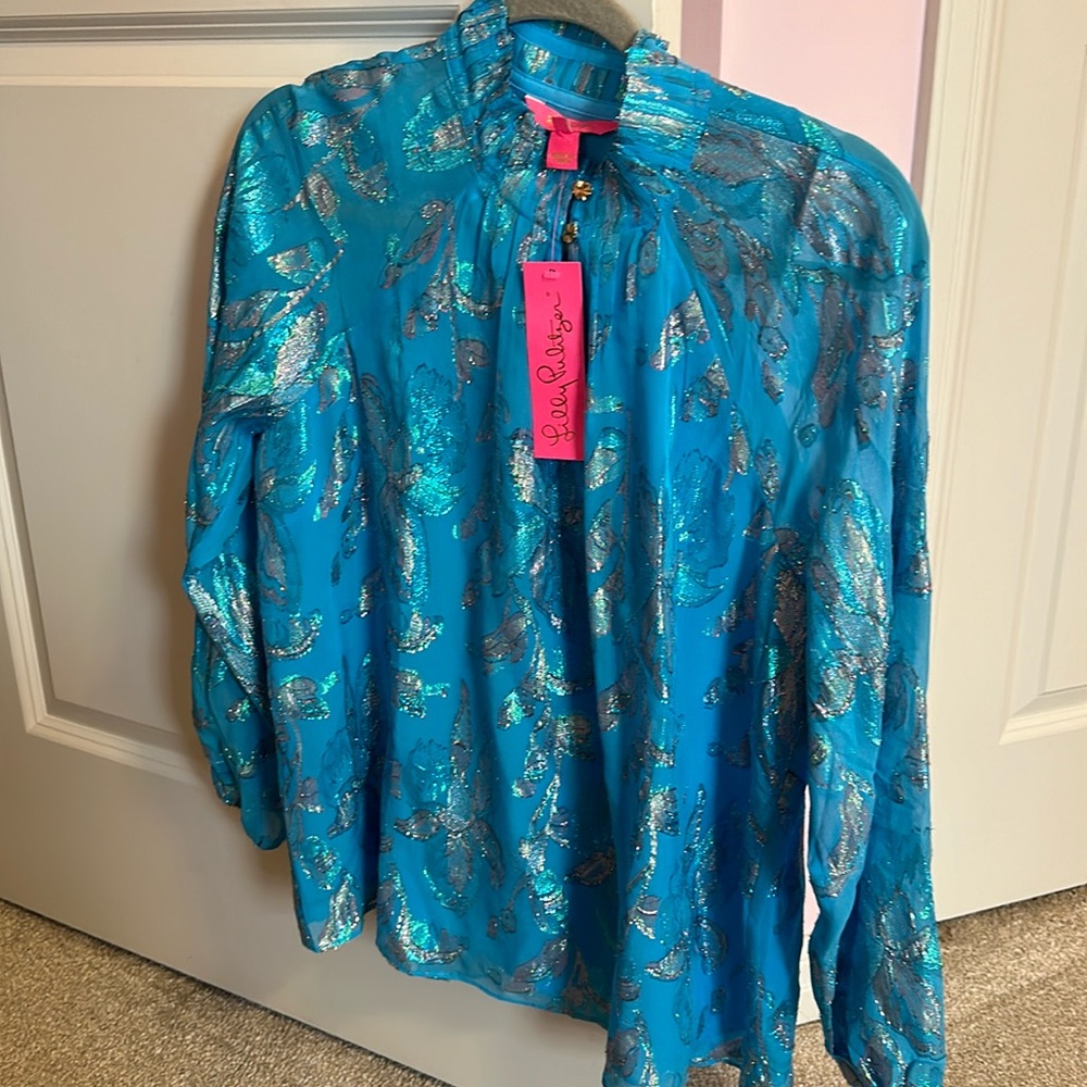 NEW Lilly Pulitzer Galiana Silk Top Blouse Ocean Breeze M